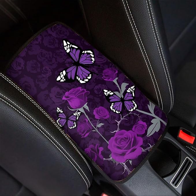 Purple Rose Butterfly Armrest Cover Pad for Cars Comfortable Soft Car Center Console Armrest Cushion Pads Rose Butterflies Auto Accessories Universal Fit for Most Cars