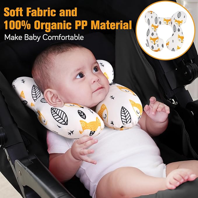KAKIBLIN Baby Neck Pillow, Upgraded Baby Support Pillow for Head and Neck, Babies Head Pillow for Car Seat, Stroller, Pushchair,Travel(Yellow Fox)