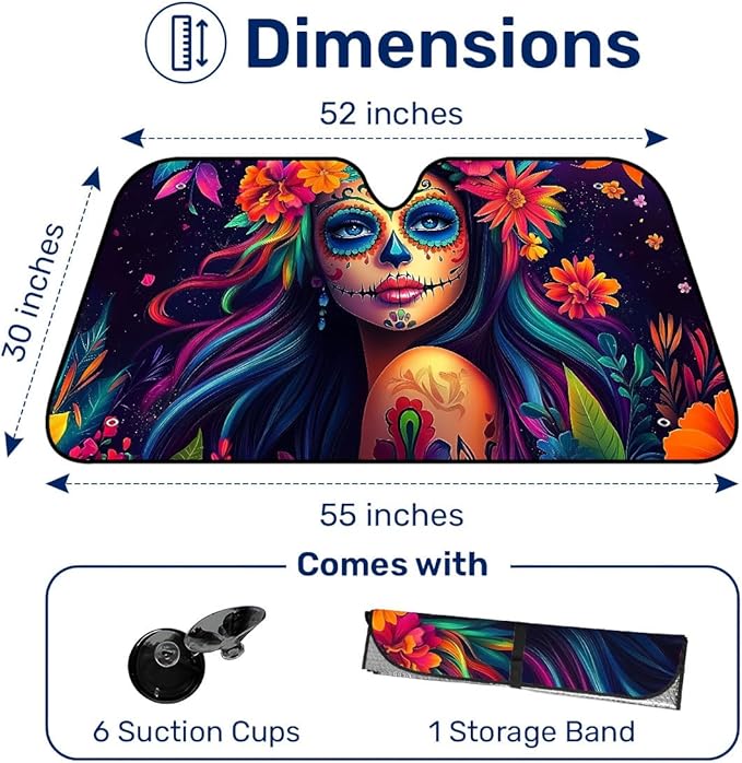 GENANY Sugar Skull Woman Windshield Sun Shade for Car SUV Truck (55x30 Inches), Sun Shade Windshield, Shades for Windows, Protector Blocks UV, Christmas Car Decor