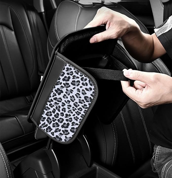Dotesy Cheetah Print Car Center Console Cover,Microfiber Leather Car Armrest Pad Cushion with 2 Storage Bags,Universal Car Armrest Storage Box Car Interior Accessories for Most Vehicles White Leapord