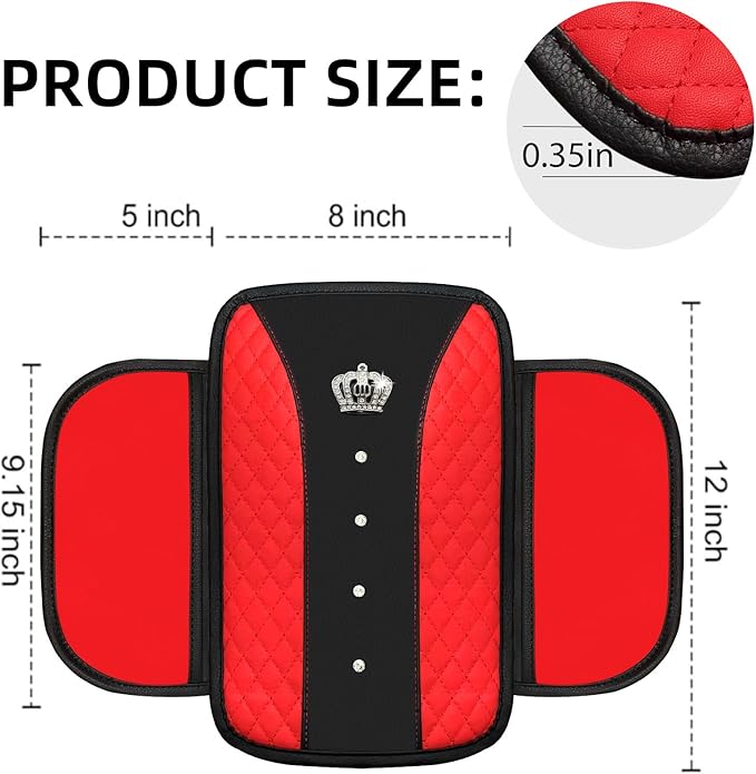 NBTEPEM Bling Crown Car Center Console Armrest Cover, Leather Middle Console Cover Cushion with 2 Storage Bags, Car Armrest Storage Box Interior Accessories for Most Vehicles(Red)