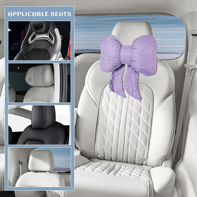 Sun Walker Bow Car Headrest Pillow, Breathable Bow-Shaped Vehicle Neck Pillow with Adjustable Strap, Ergonomic Neck Support Cushion Driving Seat Decoration for Women Girls (Purple)