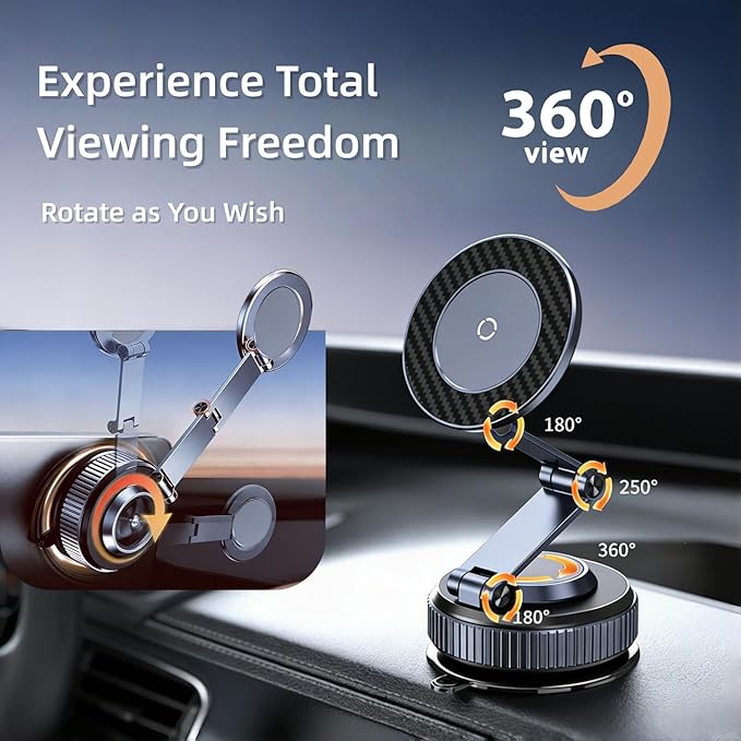 Magnetic Car Phone Holder with Suction Cup 360° Adjustable Foldable Phone Mount Zinc-Alloy Phone Holders for Your Car for Tesla iPhone 17 Pro Max 16 15 14 13 12 Plus