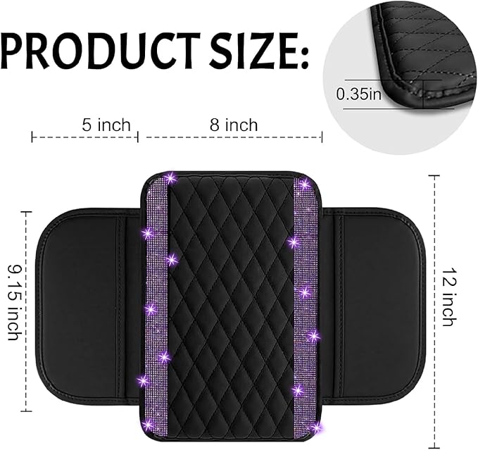 NBTEPEM Bling Car Center Console Cover, Leather Car Arm Rest Cover Cushion with 2 Storage Bags, Universal Auto Armrest Protector Storage Box, Bling Accessories Interior for Most Vehicles (Purple)