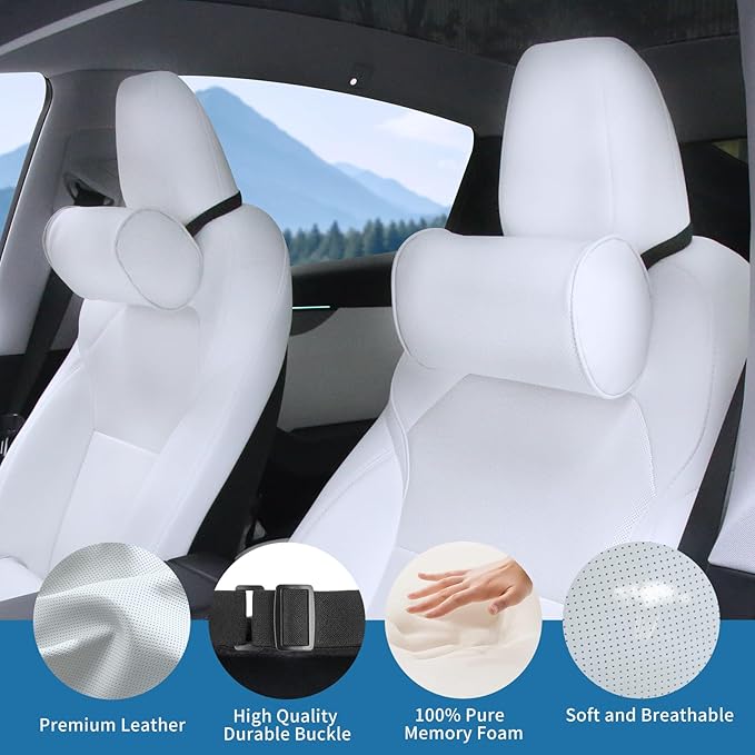 Car Headrest Pillow for Driving - Luxury Leather 100% Memory Foam, Ergonomic Neck Support - Universal Fit Head Rest Travel Pillow for Most Cars, Home & Office, White, 2 Pack