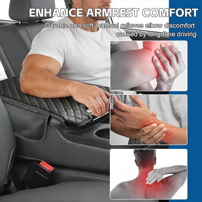 Center Console Cover Fit for 2018-2013 Dodge Ram 1500, 2013-2024 Ram 2500/3500/1500 Classic Model Thickened Leather Armrest Cover Cushion Center Lid Protector with Pockets (Jump Seat Only)