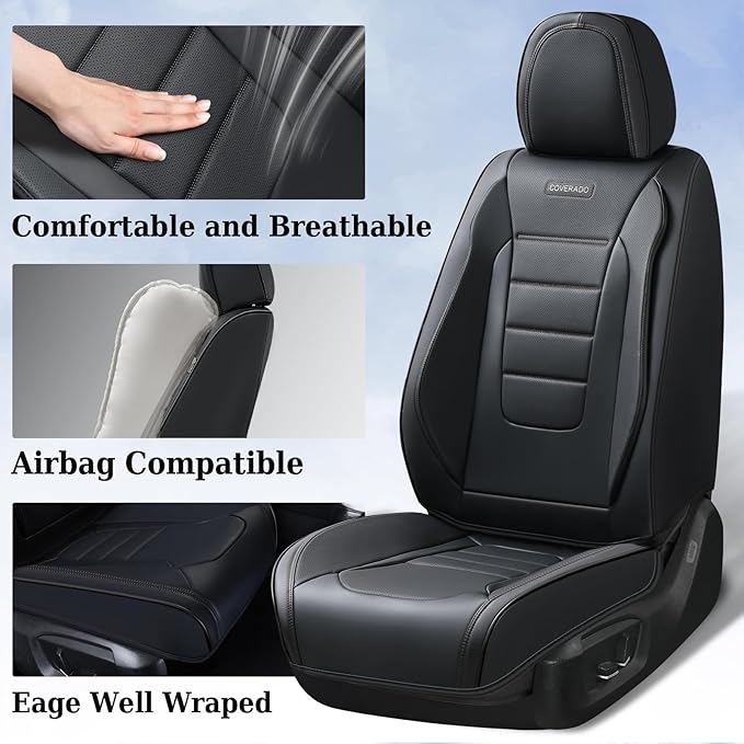 Coverado Seat Covers Full Set, Car Seat Cover Black, Seat Covers for Cars, Car Seat Protector, Nappa Leather Car Seat Cushion, Waterproof Car Seat Covers Front Seats and Back Fit for Most Cars