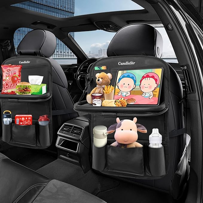 Luxury PU Leather Car Organizer with Foldable Tablet Tray, 9 Storage Pockets for Back Seat