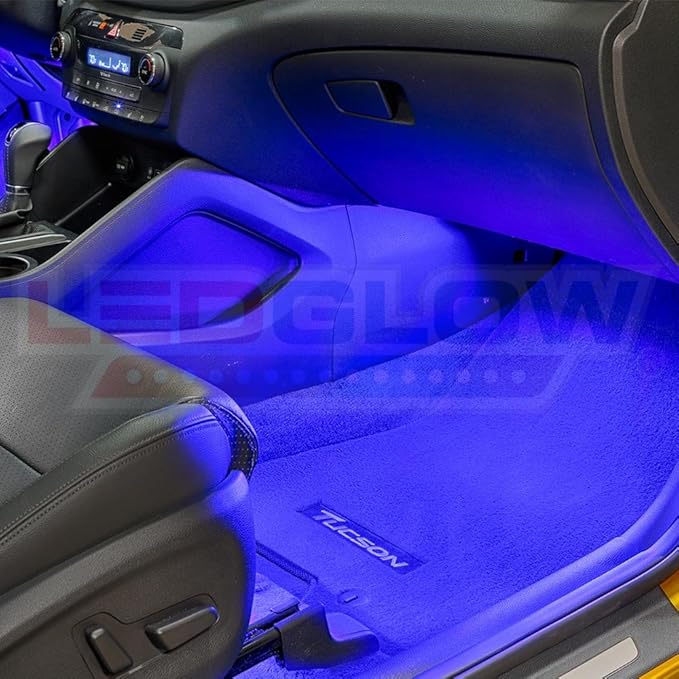 LEDGlow 4pc Blue LED Interior Footwell Underdash Neon Lighting Kit for Cars & Trucks - 7 Unique Patterns - Music Mode - 8 Brightness Levels - Auto Illumination - Includes Cigarette Power Adapter