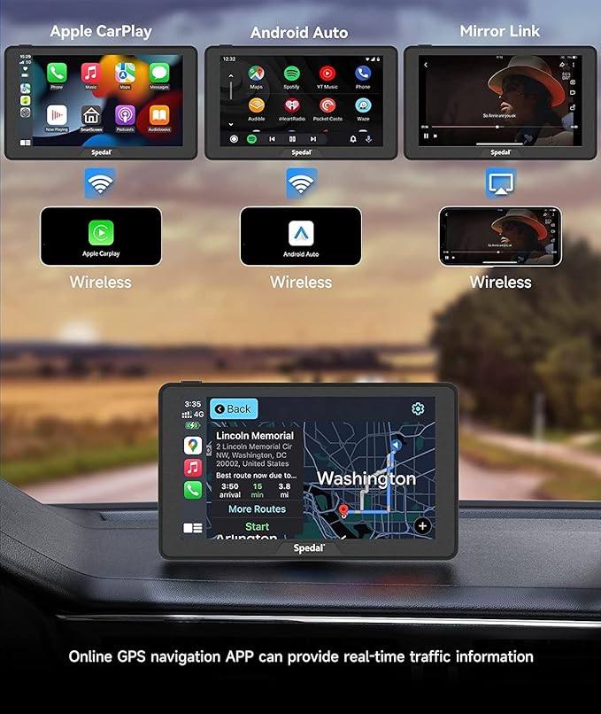 Portable Car Stereo with Wireless CarPlay and Android Auto, Spedal CL786 CarPlay Screen for Car, Portrait & Landscape 7" IPS Touchscreen, Mirror Link/Bluetooth/Navigation/Voice Control