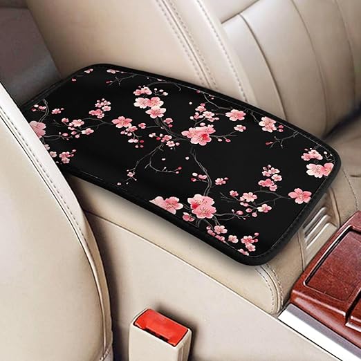 Nice Sakura Blossom Black Car Auto Armrest Cushion Cover Accessories Center Console Seat Box Pad Protector Universal Decoration for Most Vehicle SUV Truck