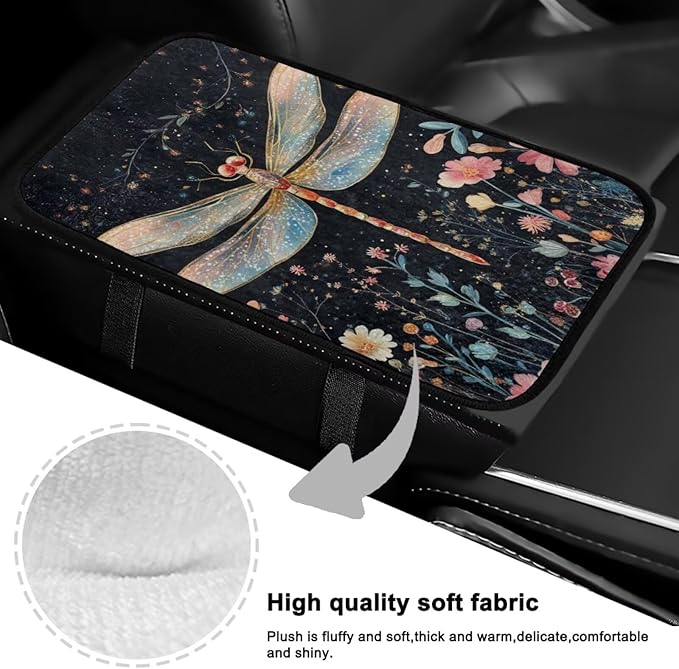 Dragonfly Flower Middle Console Covers Elastic Flannel Center Console Cover Anti-Slip Washable Car Center Console Lid Cover Accessories Compatible with Cars,SUV,Trucks