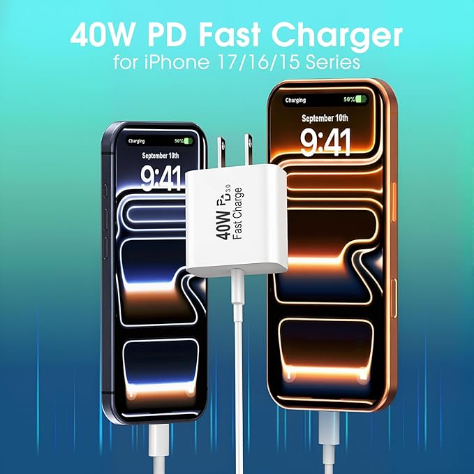 iPhone 17 16 15 Charger Fast Charging Type C Chargers 40W USB C Charger Block iPhone 17 16 15 Air Pro Max Chargers with 6FT Cable for iPhone 17/17 Plus/17 Pro Max/16 Plus/16 Pro Max/15 Max/iPad Pro