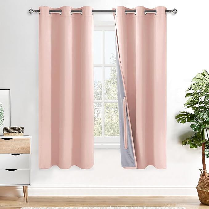 XWZO 100% Blackout Curtains 63 Inches Long - Heat and Full Light Blocking Window Treatment with Black Liner for Bedroom/Nursery with Tiebacks, Grommet Top, Blush Pink, W42 x L63, Set of 2