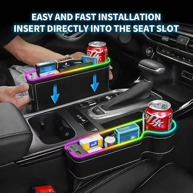 7 Colors LED Car Seat Gap Organizer Front Seat Organizer with 56W Fast Charger Center Console Gap Filler with USB Type C Charging Car Organizer with Cup Holder,LED Auto Interior Accessories (Black)