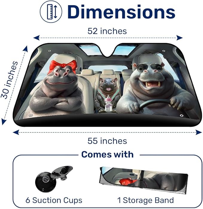 GENANY Funny Hippo Windshield Sun Shade for Car SUV Truck (55x30 Inches), Sun Shade Windshield, Shades for Front Windows, Protector Blocks UV, Xmas Auto Gift, Spring Car Decor