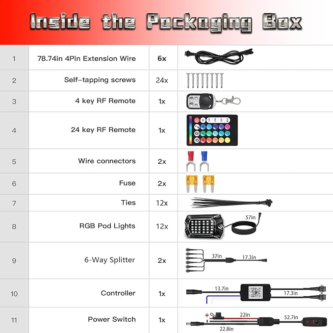 12 Pods RGB LED Rock Lights for Trucks ATV UTV Golf Cart RZR Offroad SUV Cars, Waterproof Multicolor Neon Underglow Kit with Bluetooth APP/RF Remote Control, Vehicle Accent Underbody Light 12V