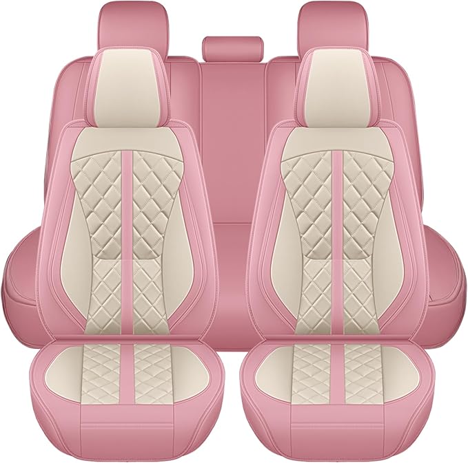 otoez Pink Car Seat Covers Full Set, Universal Leather Seat Cover 5 Seat Waterproof & Breathable Automotive Seat Protector Full Coverage for Cars Sedens, Trucks, SUVs, Vans (Pink & White)