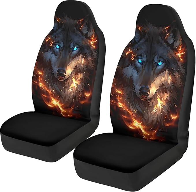 Car Seat Covers Front Seats Only Breathable Fire Wolf Cool Car Seat Cover for Additional Protection Fashion Auto Interior Accessories Easy Installation Universal Fit Most Cars