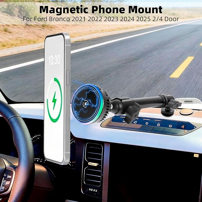 Magnetic Wireless Charging Phone Mount Holder for Ford Bronco 2021 2022 2023 2024 2025 2/4 Door, 15W Fast Charger with TEC & Fan Cooling for Magsafe iPhone 17/16/15/14/13/12 Series, 7.3" Aluminum Arm