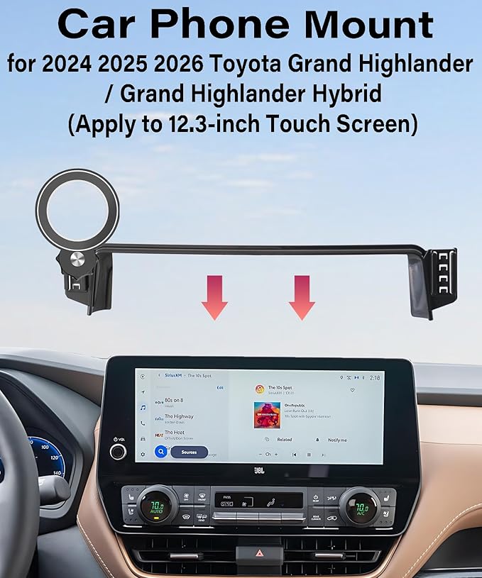 Car Phone Holder for Toyota Grand Highlander/Grand Highlander Hybrid 2024 2025 2026 Accessories Apply to 12.3 Inch Screen Fixed Clip Magnetic Cell Phone Mount 360 Degree Rotation