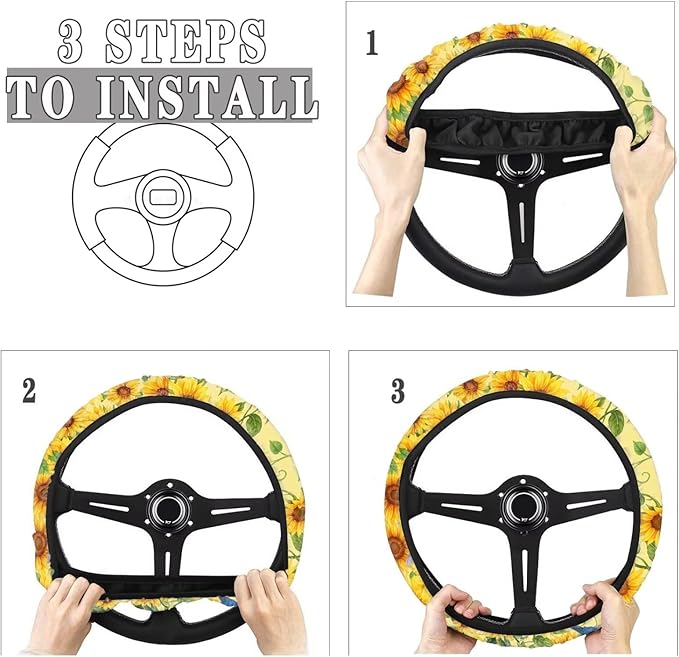 AFPANQZ Car Steering Wheel Covers 14-15" inch Universal Fit Most Car Sedans SUVs, Sunflower Print Comfortable Handmade Breathable Steering Wheel Protector