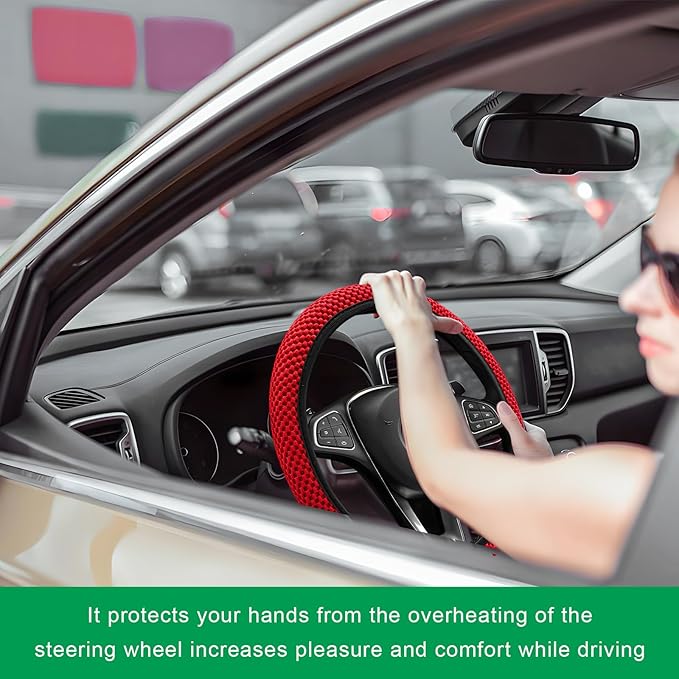 Elastic Steering Wheel Cover, 15"×15" Breathable Ice Silk Steering Wheel Protector, Universal Auto Wheel Wrap Anti-Slip Soft Cover for Ultimate Comfort, Car Accessories (Red)