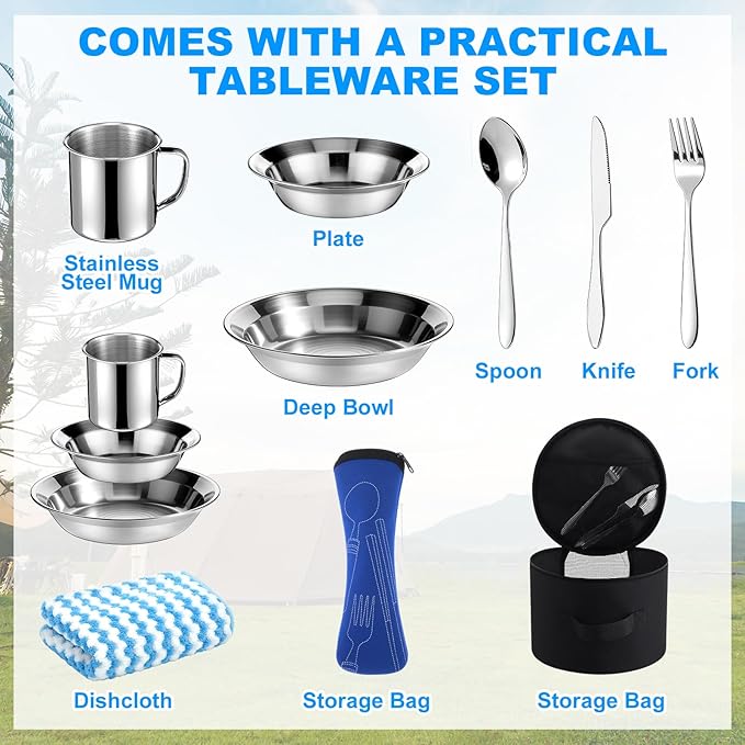 11 Pcs Camping Tent Set for Beginners, Complete Outdoor Travel Gear with Tent Sleeping Bag Stainless Steel Mess Kit Waterproof Tarp for Backpacking, Road Trips, Beach, & Backyard Adventure