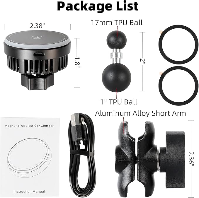 15W Magnetic Wireless Charging Phone Holder Base for RAM Mounts - TEC and Fan Dual Cooling - 1" (25mm) Ball Mount with Short Aluminum Arm, Compatible with Magsafe iPhone 17/16/15/14/13/12 Series