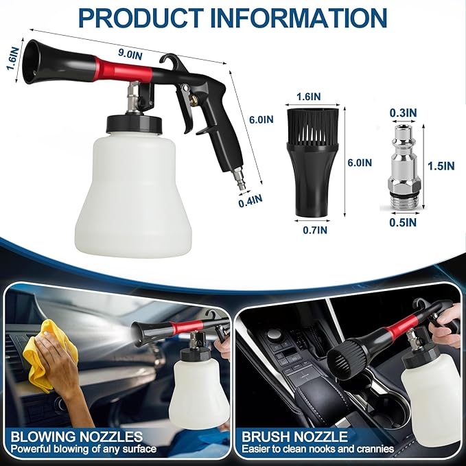 PARAROSE Car Cleaning Gun Detailing Interior Dryer Air Blow Gun, High Pressure Blower Gun, Car Detailing Kit Interior Cleaner（1L Capacity，Black）