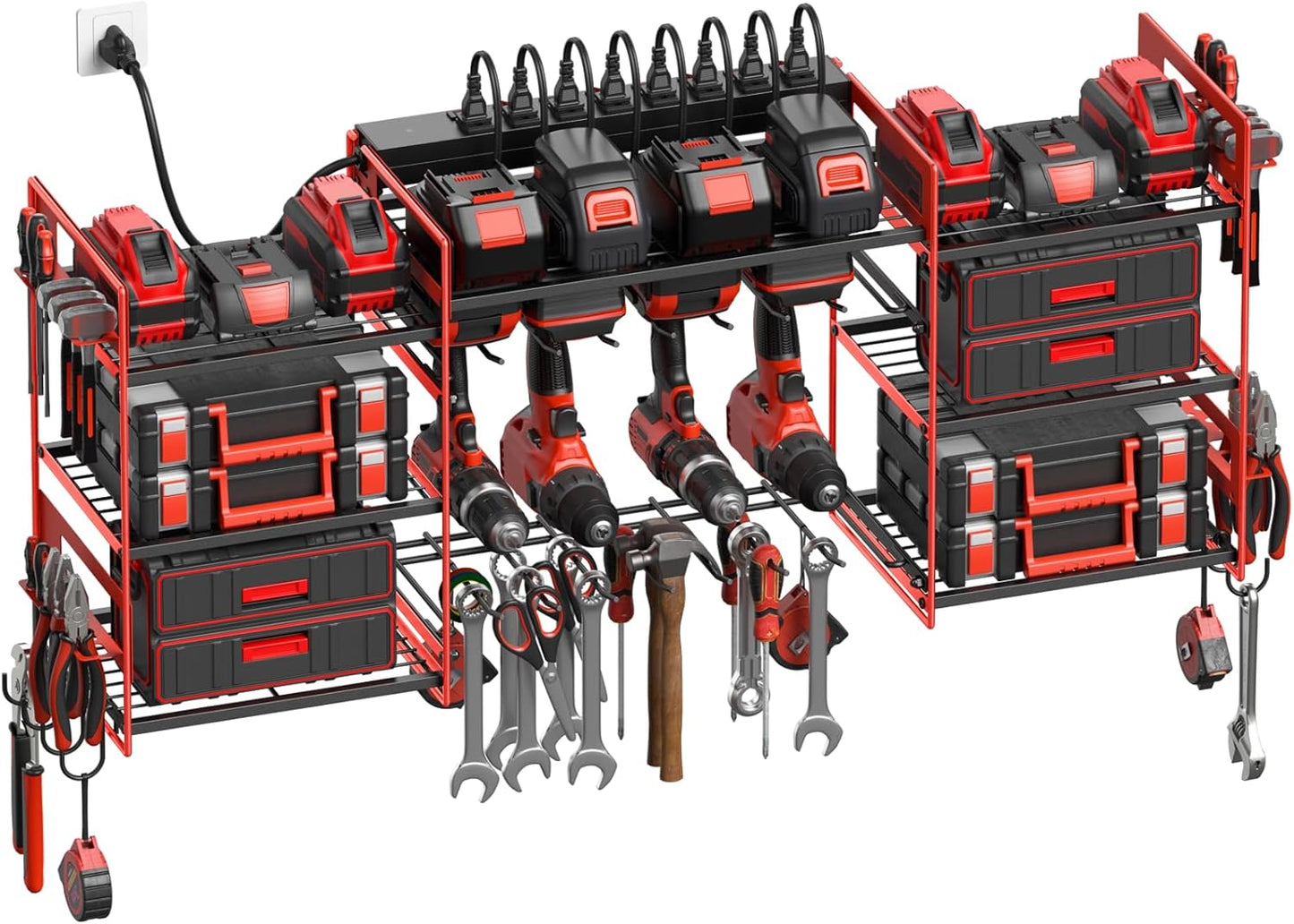 CCCEI Red Power Tool Organizer Wall Mount, Large Tools and Battery Storage Rack Charging Station Individual Switches. Drills Holder, Garage Utility Shelves with 6FT Power Strip. Gift for Men.