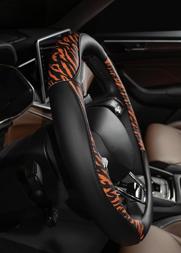 Lord Autofashion Steering Wheel Cover – PU Leather, Non-Slip Rubber Inner, All-Season Comfort – 14.5–15 Inch (Black/Tiger 8684)