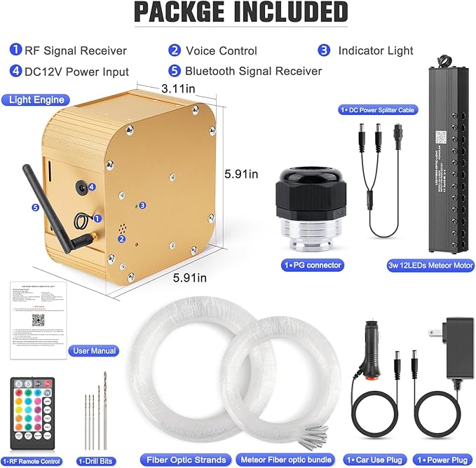 32W Meteor RGBW Twinkle LED Fiber Optic Lights, Bluetooth APP/Remote/Music Control Star Ceiling Light Kit+Adapter+Car Use Plug, Fiber Cable 1000pcs*0.03in*13.1ft with Shooting Stars Kit