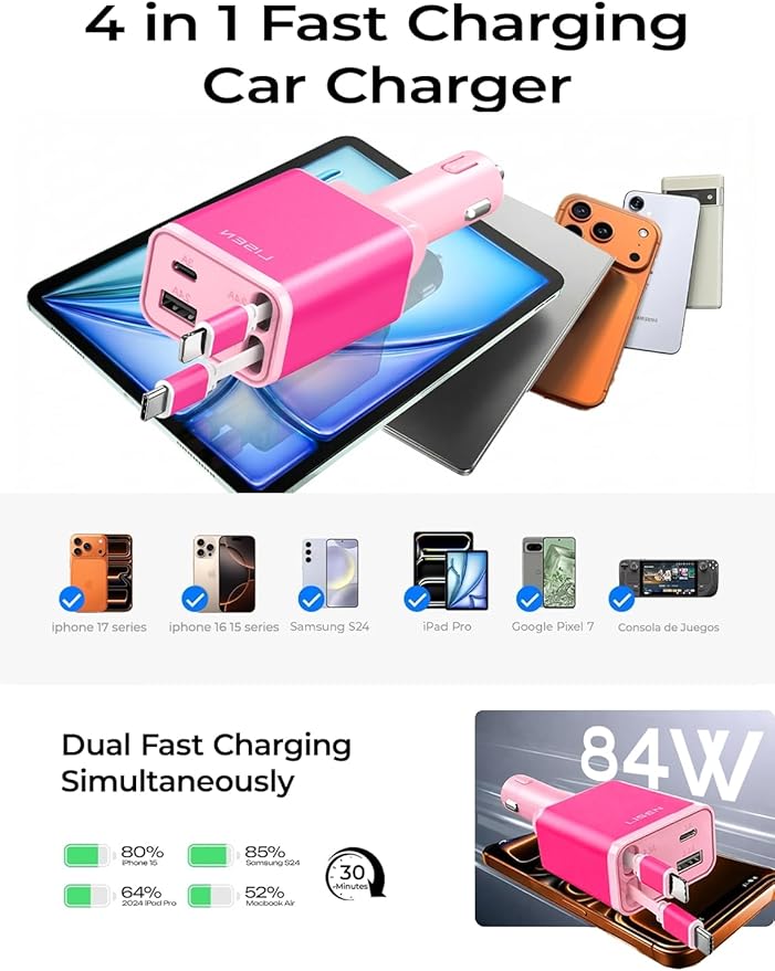LISEN Retractable Car Charger, 84W Fast Charging Car Phone Charger, Car Charger USB C Truck Accessories, Road Trip Essentials Pink Car Acessories for Men Women for iPhone 17 16 15 14 13 12 Samsung S26