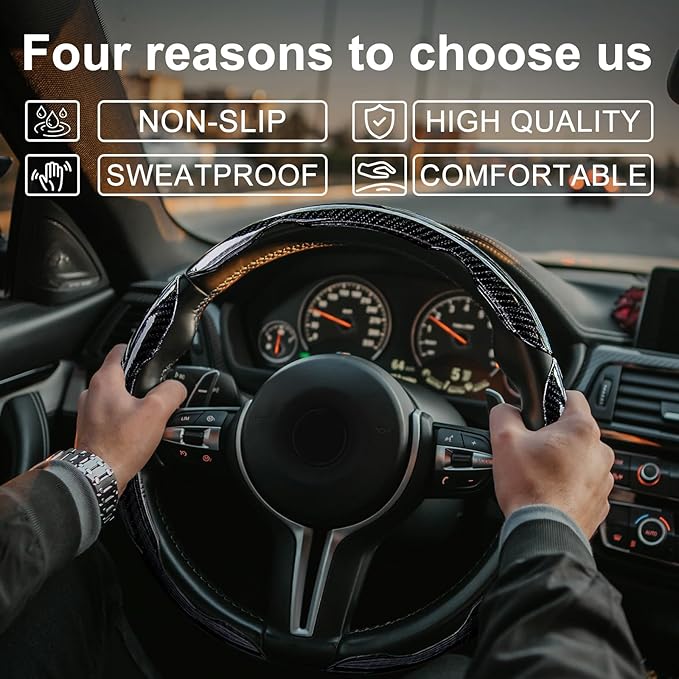 Steering Wheel Covers,3PCs Carbon Fiber Anti-Skid Clip on Car Steering Wheel Cover Protector, Universal 99% Car Wheel Cover Protector,Black