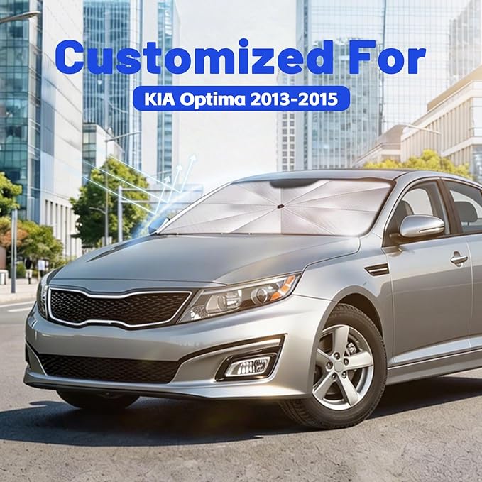 Car Windshield Sun Shade for Kia Optima 2013-2015 –[Reflective Coated Fabric] Sunshade Umbrella for Front Window, Car Shades Sun Visor Keep Car Cool and Protects Interior, 1:1 Exact Fit