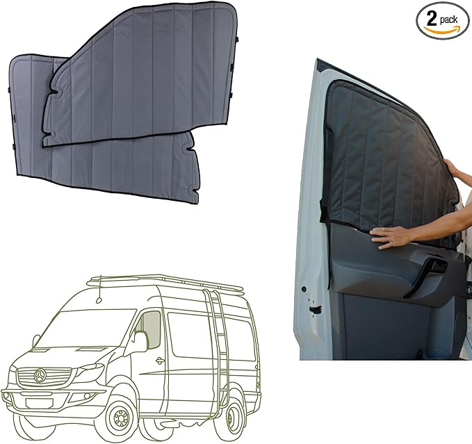 VanEssential Insulated Magnetic Blackout Front Door Window Covers (Pair) Designed for Mercedes-Benz NCV3 (Van Years 2007 to 2018) - Charcoal Gray
