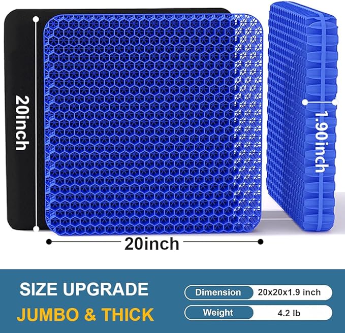 Gel Seat Cushion, Jumbo&Thick Gel Cushion with Non-Slip Cover for Home Office Car Seat Wheelchair, Soft Breathable Honeycomb Chair Pads for Relieve Hip Pain, Blue 20x20x1.9inch