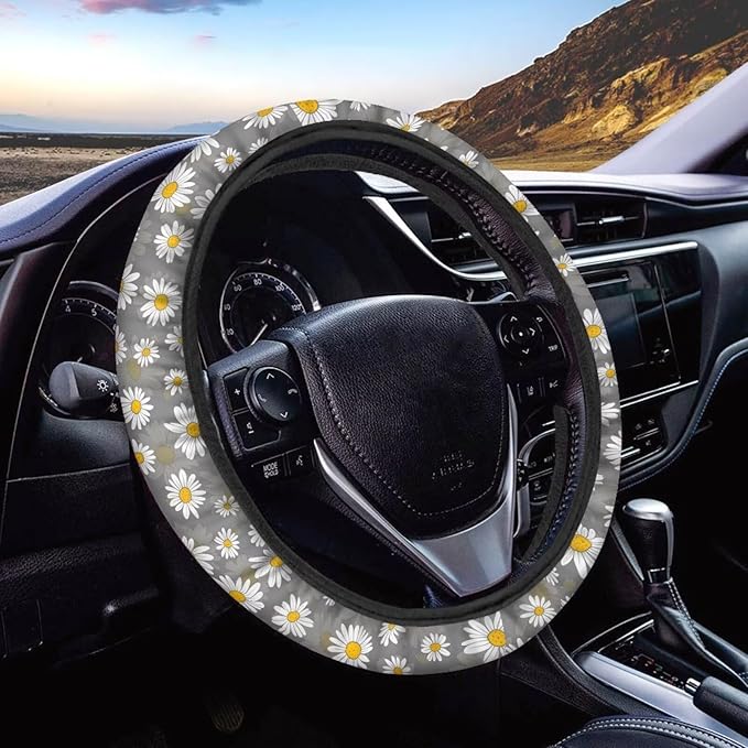 SEANATIVE White Daisy Car Steering Wheel Cover Universal Car Accessory for Diverse Cars Neoprene Dust Cover for Steering Wheel