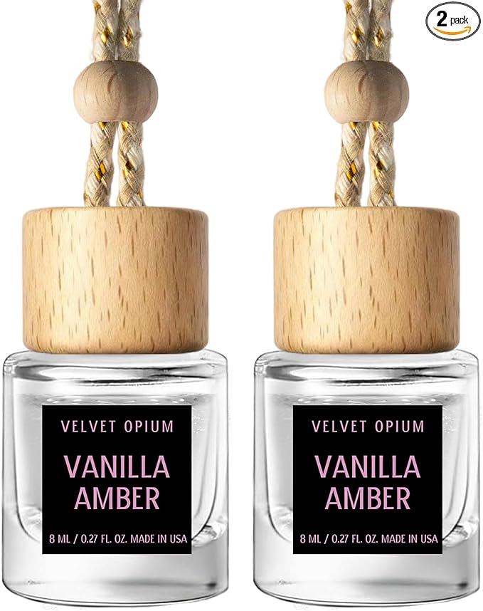 C Classy Hanging Car Air Freshener 2 Pack, Vanilla Amber Essential Oil Diffuser, Long-Lasting Fragrance, Cute Glass Bottle Car Accessories for Women & Men, Made in USA