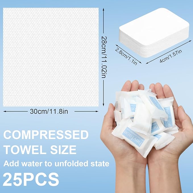 Compressed Towels Tablets (11.8" x11") 25 Bulk Set Disposable Compressed Washcloths for Travel & Camping, Soft Compressed Face Towel with Waterproof Case for Daily Use & Camping Essentials