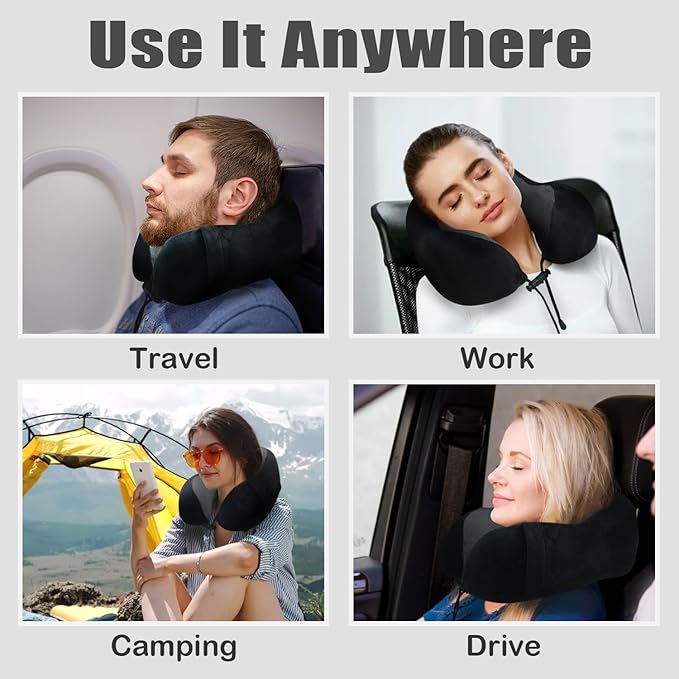 Travel Pillow, Memory Foam Neck Pillow for Traveling, U Shape Neck Pillow Airplane Portable Flight Pillow Travel Kit with 3D Contoured Eye Masks and Earplug for Plane Train Car Home Office - Black