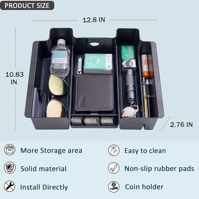 TOPINSTALL Blue Center Console Organizer Compatible with Chevy Silverado/Sierra 1500 2019-2022 and 2020-2023 Silverado/Sierra 2500HD 3500HD, Full-Size Tray (Full Console w/Bucket Seats ONLY)