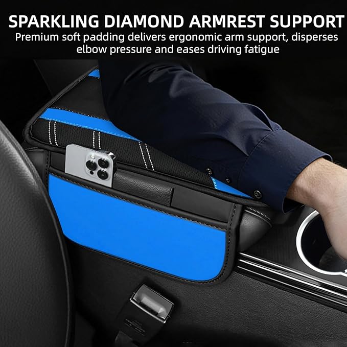 NBTEPEM Blue Center Console Cover, Sporty Leather Armrest Cover Cushion with 2 Storage Pockets, Universal Auto Middle Console Protector, Car Interior Accessories for Most SUV, Truck, Sedan Vehicles