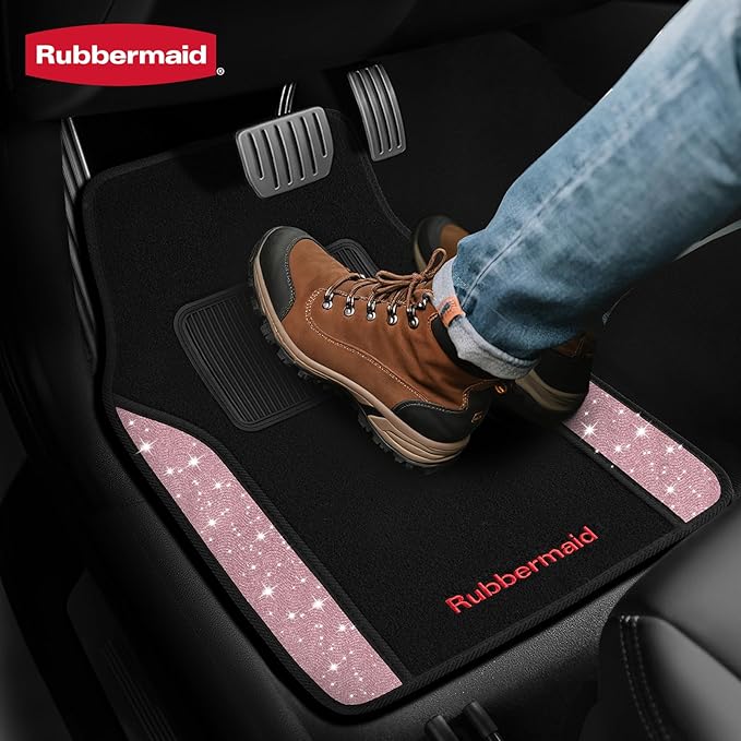 Rubbermaid Bling Car Mats, Carpeted Floor Car Mat with Faux Leather & Built-in Heel Pad, Two-Tone Car Rug Floor Mats, Stylish Carpeted Floor Mats for Cars, Trucks & SUVs Glitter Pink Color