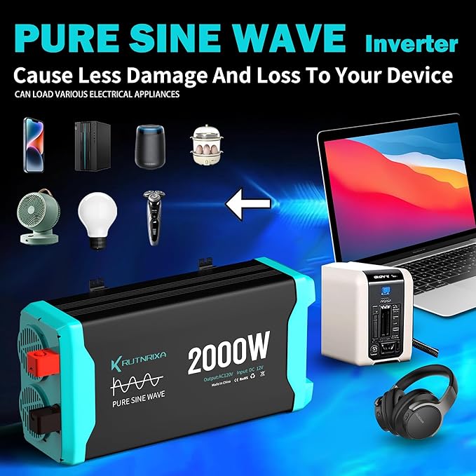 2000W Pure Sine Wave Inverter Peak 4000w 12V DC to 120V AC for RV, Truck, Off-Grid, Home, Solar Car Power Inverter with Dual AC Hardwire Port, 50A Socket, 5V 2.1A USB