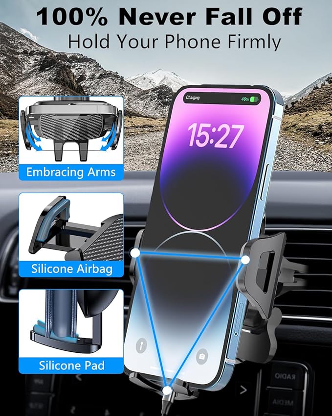 3 in 1 Car Phone Holder Charger Mount, 60W USB C Car Mount Charger Fast Charging for iPhone 14/13/12 + 4FT Type C Cable, Car Accessories, Air Vent Fast Charge Cell Phone Stand Car Mount for iPhone