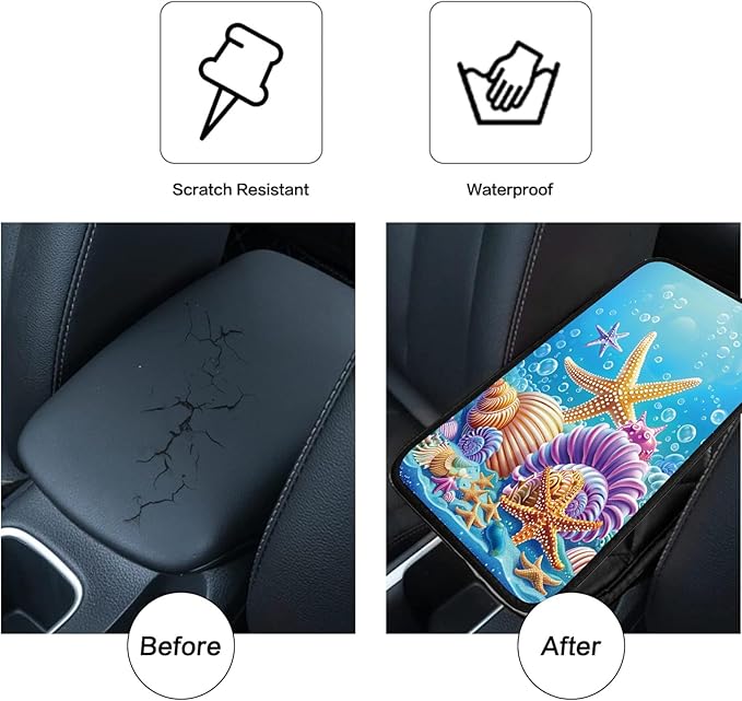 Car Armrest Cover Pads Universal Fashion Cute Auto Center Console Armrest Cover Pad with 2PCS Car Coasters Soft Waterproof Car Armrest Seat Protector for Women, Sea Shells Starfish