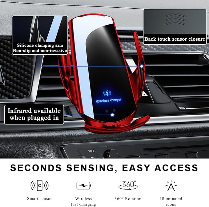 Wireless Car Charger, 15W Fast Charging Air Vent Mount Auto-Clamping Phone Holder, Automotive Electric Induction Charger 360° Rotating Magnetic Vent Mount Bracket for Smartphones (Red)