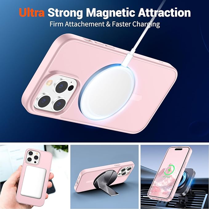 SUPFINE Magnetic for iPhone 14 Pro Max Case with Screen Protector (Compatible with MagSafe) (Military Grade Drop Protection) Translucent Matte Shockproof Phone Cover,Light Pink